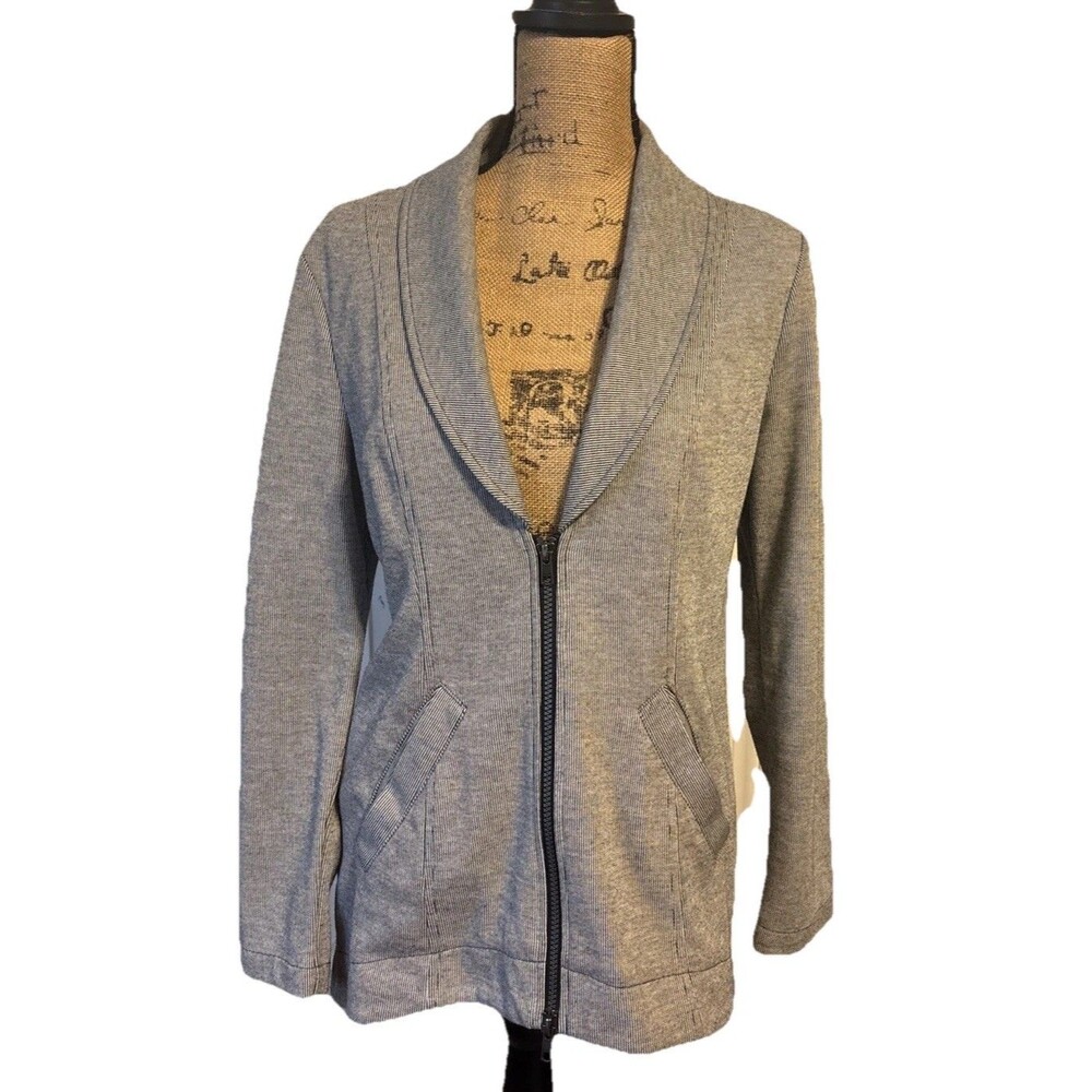 CAbi Drop Off Pinstripe Long Sleeve Zip Up Hi Low Blazer Jacket Gray size Small
